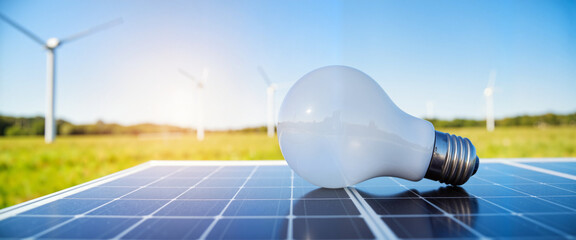 Energy-saving bulb on solar panel in sunny field, renewable energy