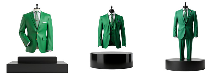 Emerald Green Men's Suits Displayed on Elegant Platforms
