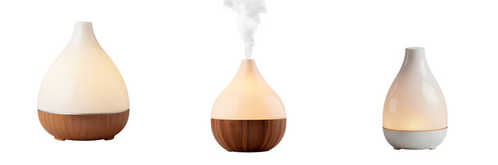 Essential Oil Diffusers in Wood and White Designs Emitting Mist
