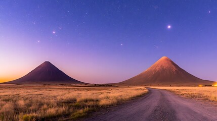 Fototapeta premium Scenic sunset view of two majestic volcanic mountains under a starry sky in a serene landscape