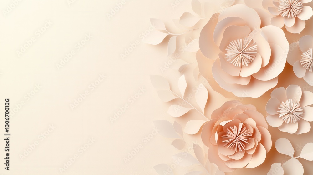 Aufkleber Elegant pastel paper flowers and leaves create a delicate background for text and design elements Generative AI