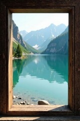 Rustic wood frame showcases blurred lake; serene perspective , serene, color, nature