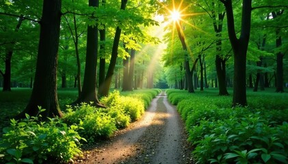 Obraz premium Sun-dappled path winds through lush green forest canopy, sunlight, exploration, trail