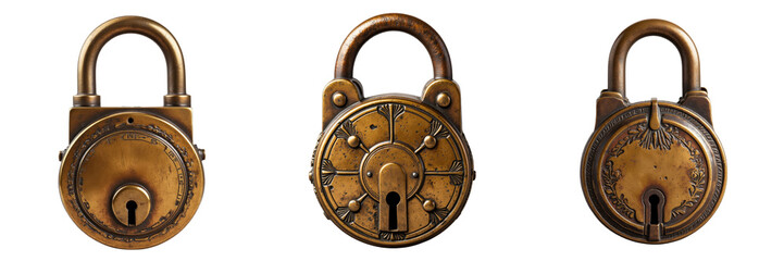 Antique Brass Padlocks Displaying Ornate Designs and Keyholes