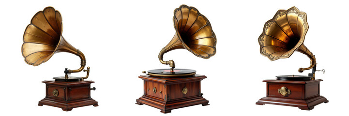 Antique Gramophones Display with Brass Horns and Wooden Bases