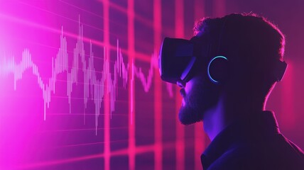 Active Investment in a Digital Future. A person wearing a VR headset, immersed in a vibrant digital environment with price fluctuation graphs in a futuristic setting.