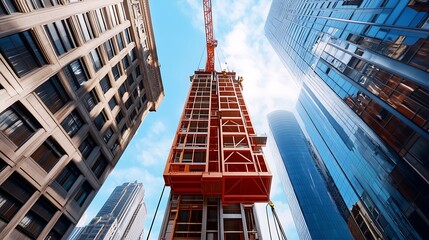 Fototapeta premium Towering Construction Crane Against Modern Cityscape with Glass Buildings and Blue Sky
