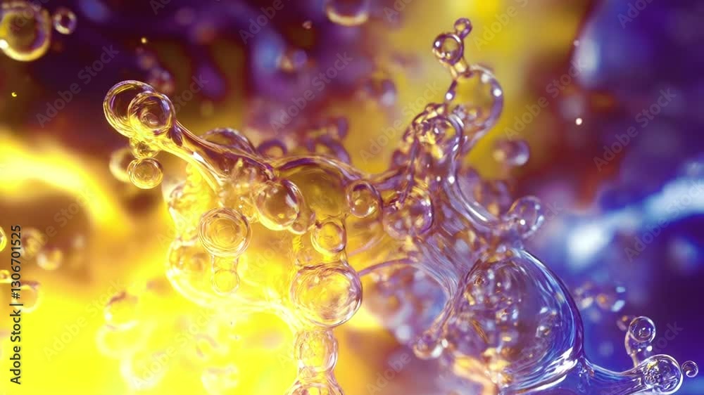 Poster Elegant translucent bubbles coalesce into a fluid, living structure that flows smoothly in an abstract environment. Cool blues intertwine with a yellow glow