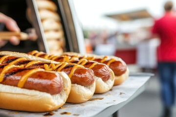 Food Truck Festival, Hot dogs with mustard served at a food stand, perfect for street food lovers.