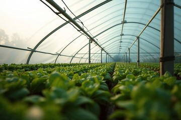 Gemüse im Garten, Folientunnel oder Glashaus mit Spinat im Agrarbetrieb