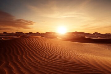 Soft golden light bathes the mesmerizing undulating sand dunes of the desert, creating a tranquil atmosphere that invites introspection and calm contemplation.