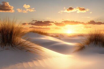 Golden grass entwined with soft dunes at sunset creates a tranquil scene that invites reflection and appreciation for the serene beauty of nature’s colors and textures.