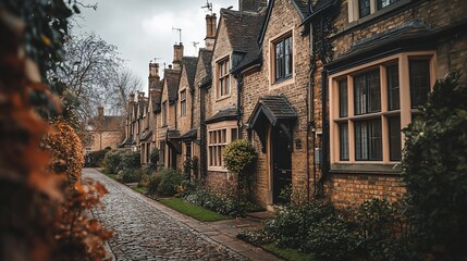Fototapeta premium Quaint stone houses, autumnal street, England, travel