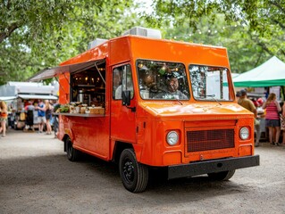 Food Truck Festival, Bright orange food truck parked at a lively outdoor market under lush trees.