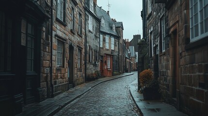 Fototapeta premium Rainy cobblestone street, old town, Europe, travel, history