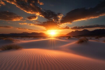 A picturesque sunset reflecting off tranquil sand dunes, accentuating the flowing textures of the landscape while evoking a sense of peace and wonder in the natural surroundings.