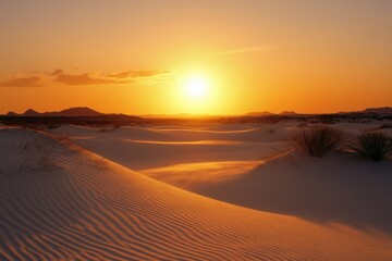 A stunning panorama of a glowing golden horizon at sunset over expansive desert terrain, with soft curves of the dunes reflecting the day's final warm light in serene silence.