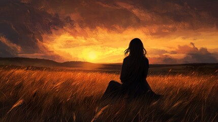 A beautiful woman with long hair sits in the middle of an open field at sunset, facing away from us and gazing into the distance