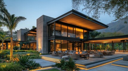 Fototapeta premium Modern house exterior patio at dusk with mountain view