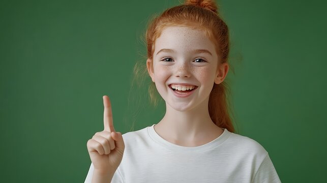 happy ginger teenage girl pointing upward with wow expression on green background creating vibrant advertising concept with copy space for text