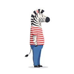 Cartoon zebra in striped t-shirt, vector flat illustration, white background, casual style, perfect for clothing design