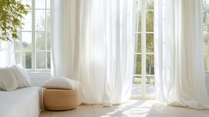 White linen curtains serene room decor. AI generated