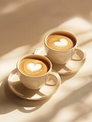 Two cups of coffee with heart-shaped latte art on a light background.
