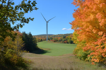 Obraz premium Wind generators on natural landscape under blue sky on sunset.