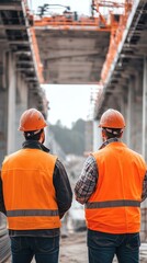 Engineers inspecting a futuristic overpass under construction with automated machinery in the background
