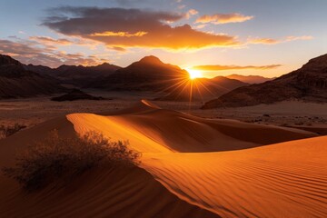 Naklejka premium A breathtaking view of golden sand dunes illuminated by the warm light of the setting sun, creating a beautiful interplay between light and shadow in the desert landscape.