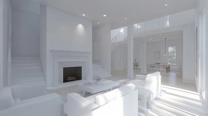Modern white living room design, open plan, staircase, sunlight