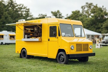 Food Truck Festival, Bright yellow food truck parked on a grassy field with an open serving window.