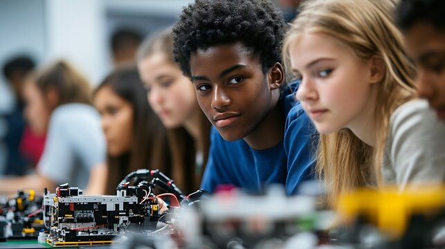 classroom robotics activity with focused students working together showcasing engineering coding and hands on stem steam learning concept