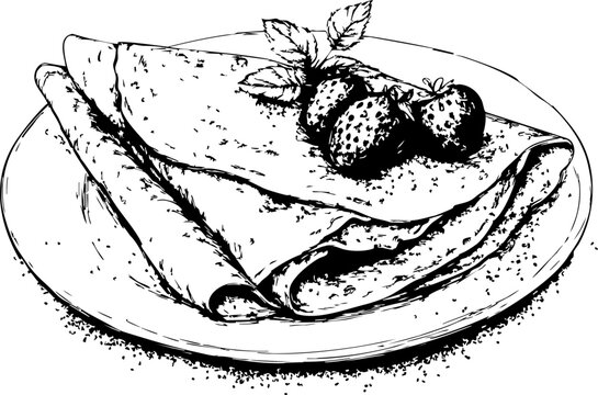 Black and white vector illustration of a delicious crepe with strawberries, perfect for culinary designs and menus.