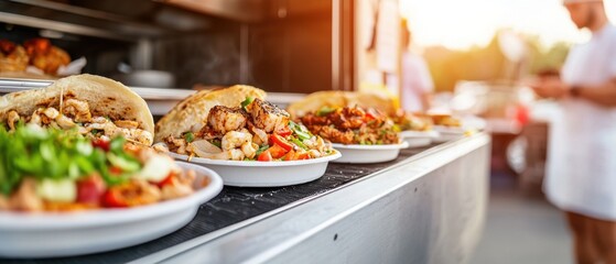 Food Truck Festival, Food truck serving delicious dishes with vibrant ingredients in a lively outdoor setting.