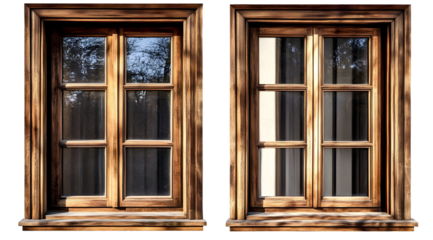 Two large wooden window frames with transparent windows on a transparent background, Generative AI