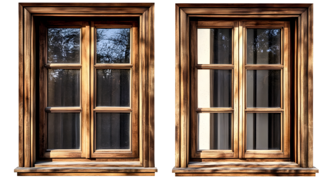 Two large wooden window frames with transparent windows on a transparent background, Generative AI