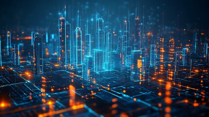 futuristic cityscape visualization with holographic light blue buildings glowing neon grid cyber urban landscape abstract digital network concept and modern technology skyline