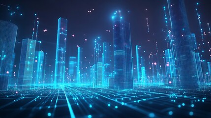 futuristic cityscape visualization with holographic light blue buildings glowing neon grid cyber urban landscape abstract digital network concept and modern technology skyline