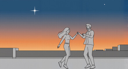Couple dancing joyfully on rooftop at sunset