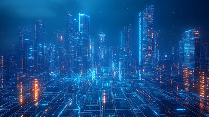 futuristic cityscape visualization with holographic light blue buildings glowing neon grid cyber urban landscape abstract digital network concept and modern technology skyline