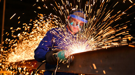Welder at Work: Metal Fabrication Sparks Flying, Industrial Safety Gear, Skilled Tradesman, Manufacturing, Construction, Professional Welding
