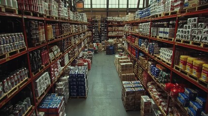 Fototapeta premium Warehouse aisle filled with products on shelves, industrial setting, many boxes and cans. Possible use Inventory, wholesale, supplies
