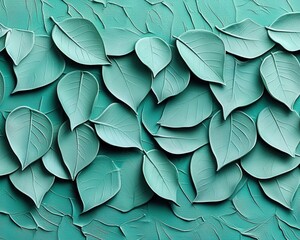 Obraz premium A close-up view of a vibrant green leaf pattern intricately painted on a textured wall, showcasing the delicate veins and rich hues of nature, creating a refreshing atmosphere.