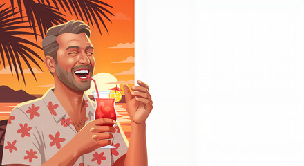 Fototapeta premium Laughing man enjoying tropical drink against sunset backdrop