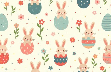 Seamless pattern with cute bunnies in Easter eggs and flowers. Perfect for spring and Easter designs. The pattern is in vector format, so it can be scaled to any size without losing quality.