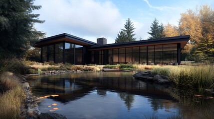 Fototapeta premium Modern Lakeside Residence: Architectural Design and Serenity