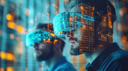 Team meeting of engineers using augmented reality glasses to analyze the blurred structure of a high-rise project