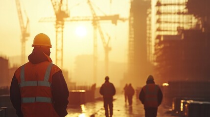 Fototapeta premium Team of engineers and a foreman reviewing progress near large construction cranes blurred by light haze