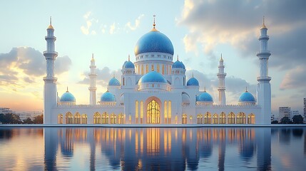 Obraz premium Majestic Mosque with Turquoise Domes Reflecting in Water at Sunset